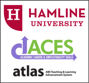 Image of logo of Hamline University ACES Academic Career & Employability Skills atlas ABE Teaching & Learning Advancement System.