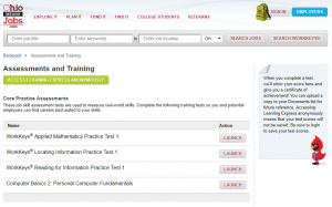 Image of homepage of Ohio Means Jobs Assessments and Training.