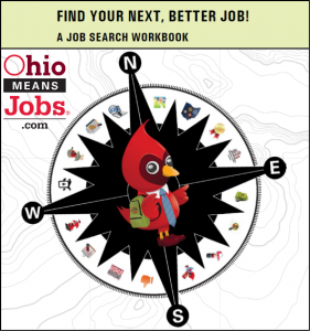 Image of Ohio Means Jobs website homepage with directional compass and cartoon cardinal on compass.